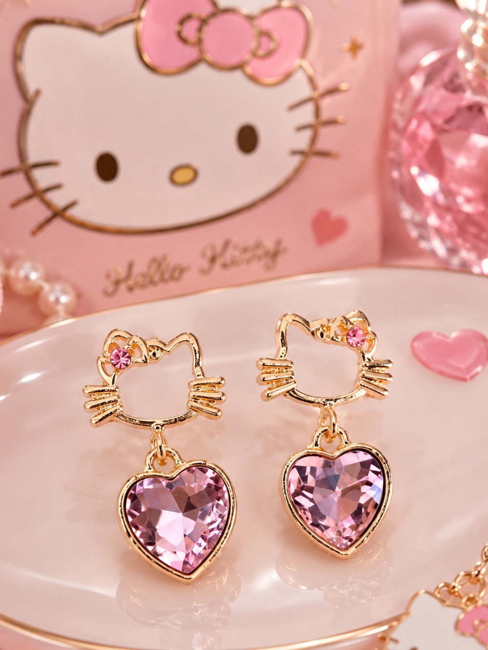 Hello Kitty Gold Tone Earrings with Pink Heart Crystals